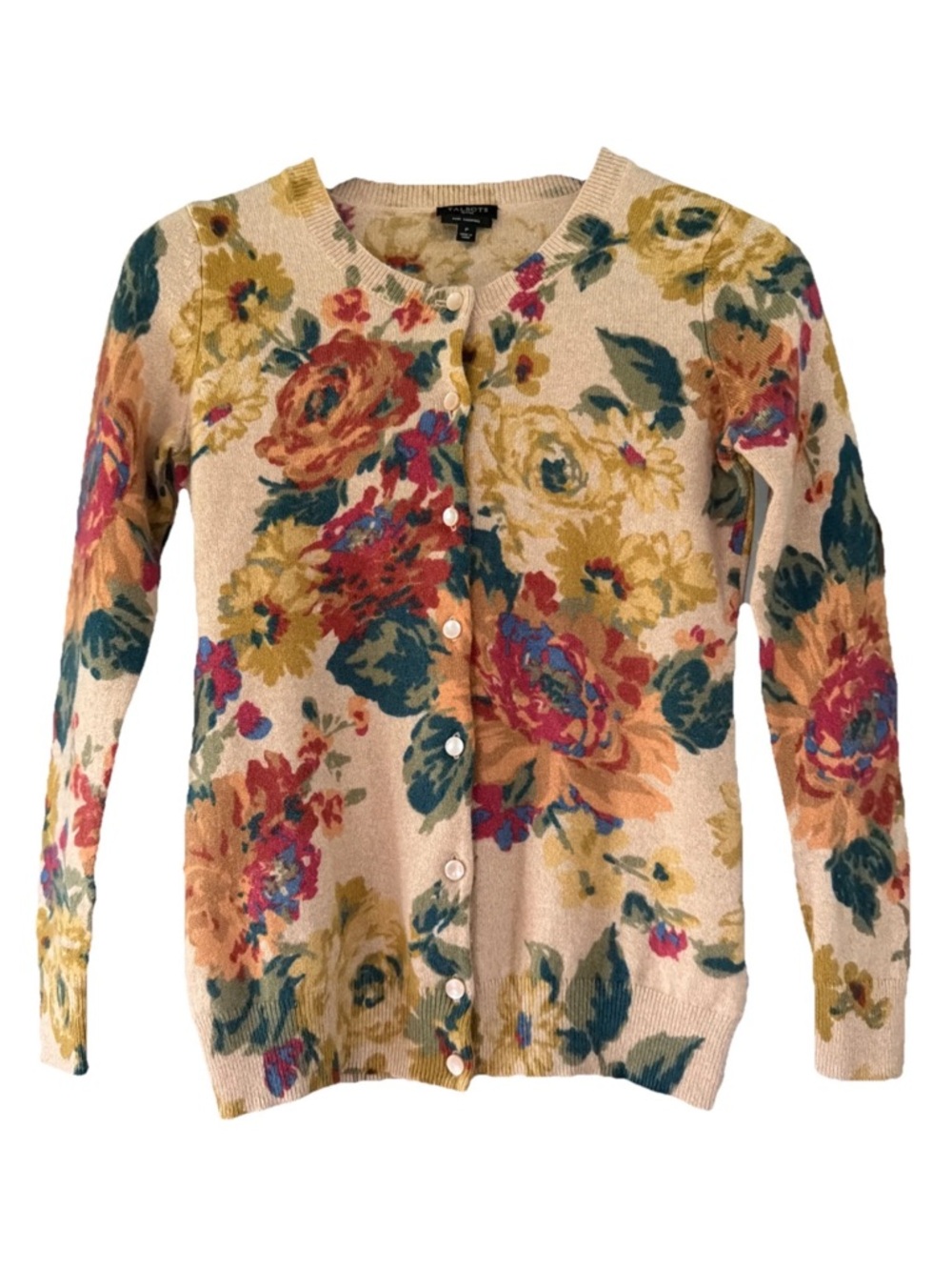 Talbots Women’s Pure Cashmere Tan Floral Button Down Cardigan Size Petite